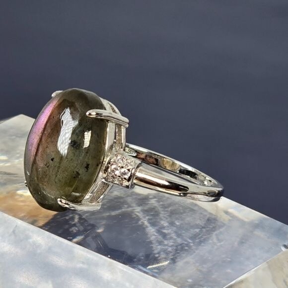 925 Sterling Silver Ring Sz 5.75 with Natural Labradorite & CZ - Picture 6 of 6